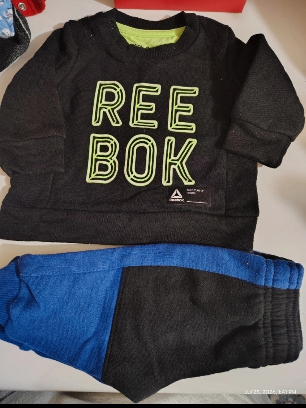 Reebok Black Sweatshirt with Neon Green Logo & Blue-Black Joggers